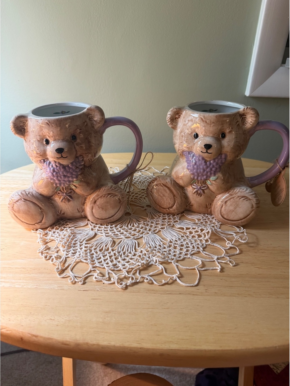 Pair of Ceramic Teddy Bear Mugs with Purple Handles